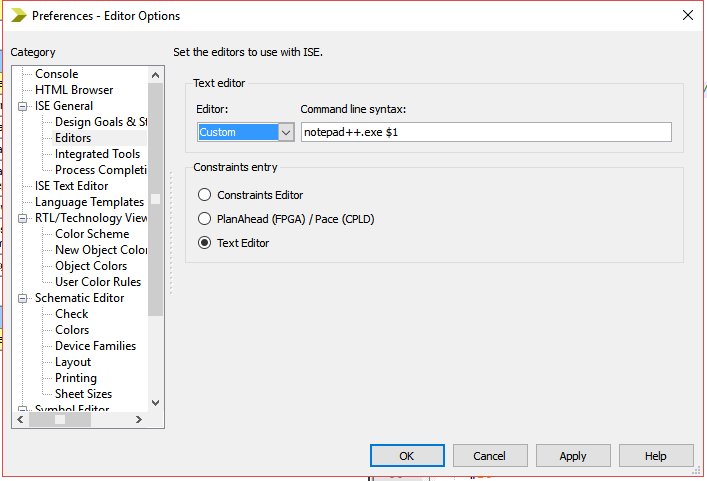 Xilinx ISE Custom Text Editor
Dialog